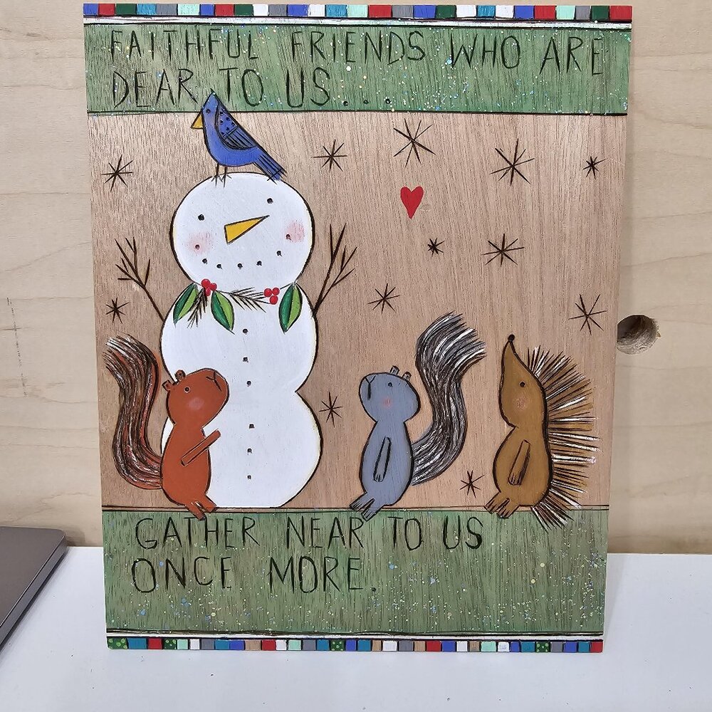 Wood Burned Snowman Squirrel Hedgehog sign or plaque
